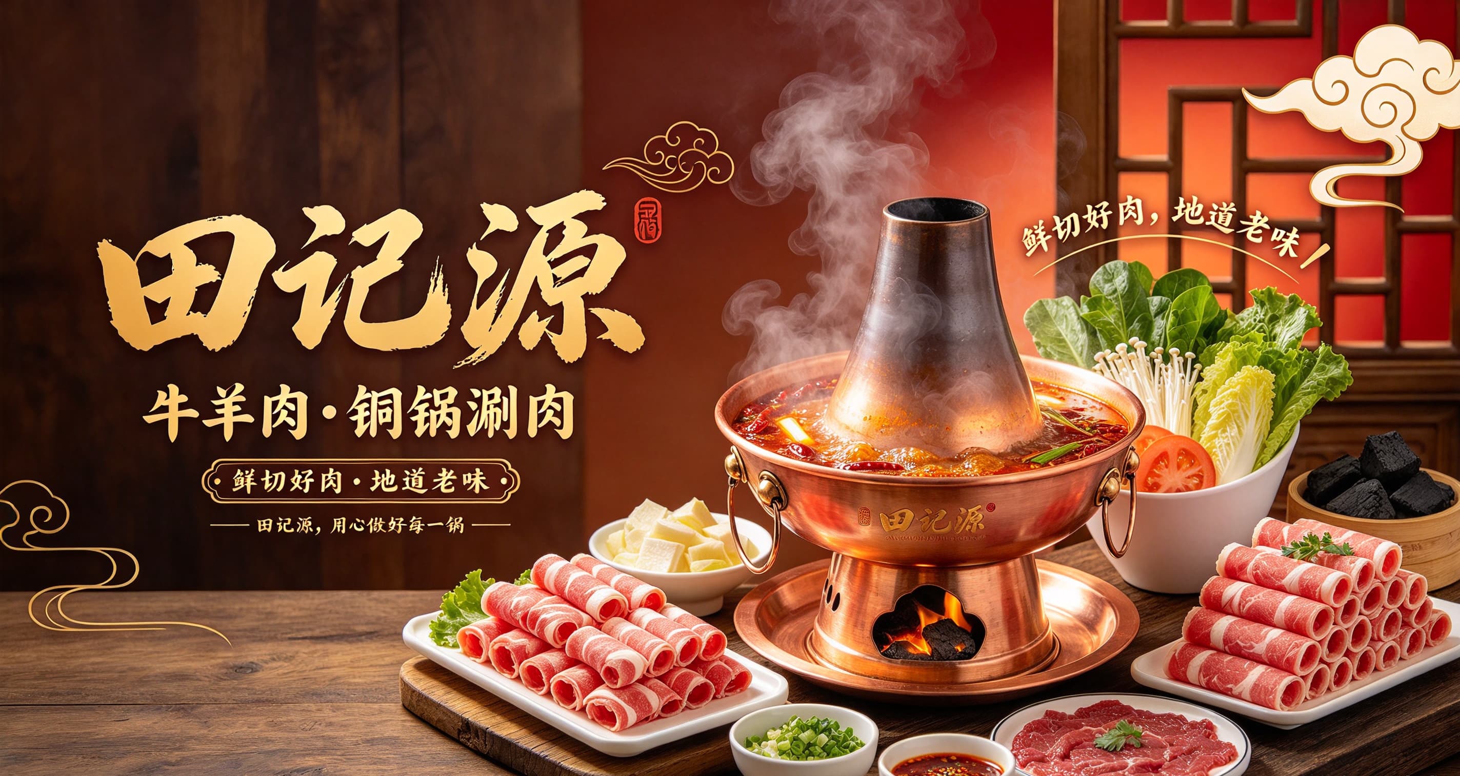 田记源牛羊肉、铜锅涮肉和新鲜食材